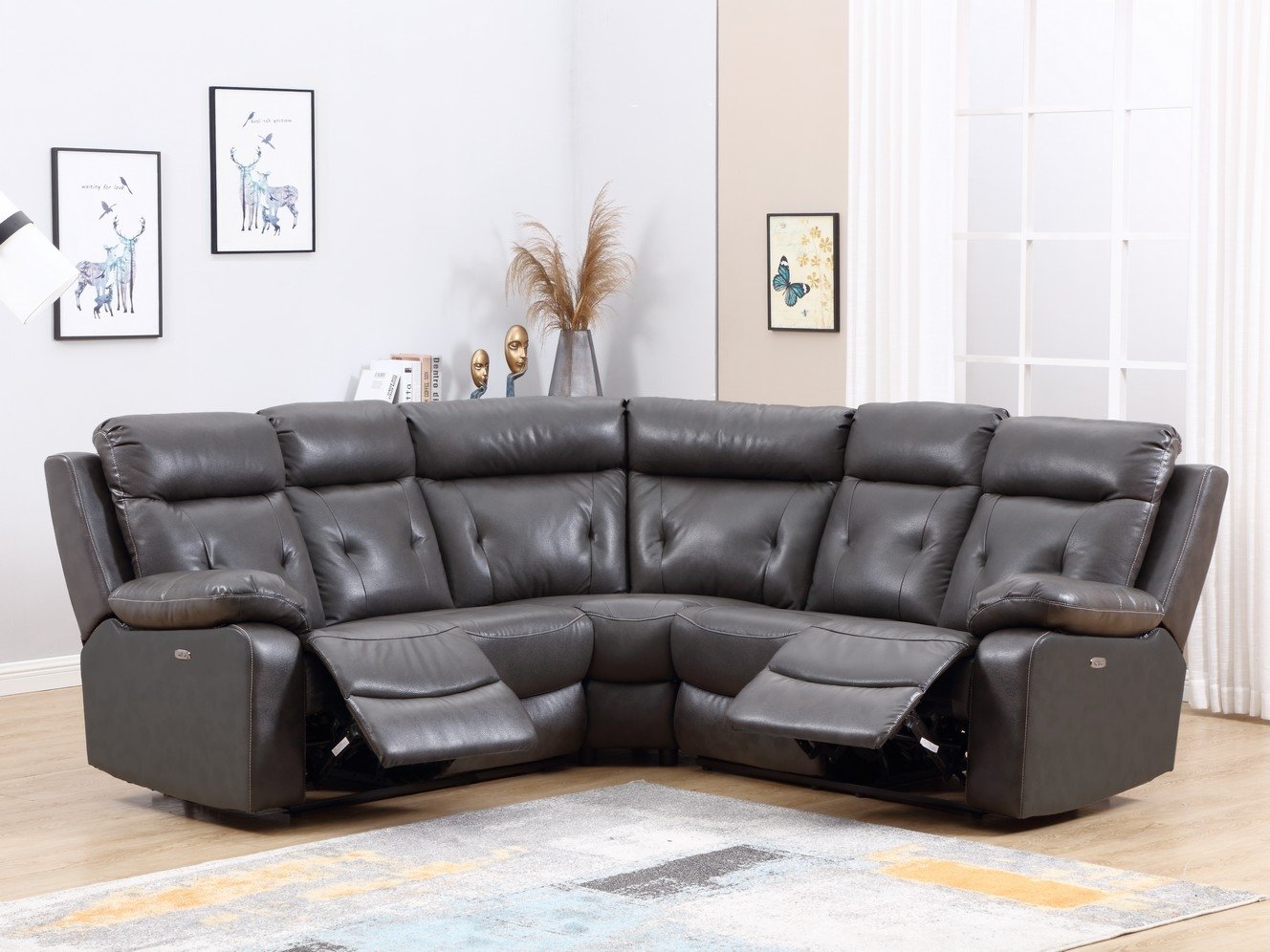 Modern Dark Gray Leather Sectional With Power Recliners 160 X 38  X 40