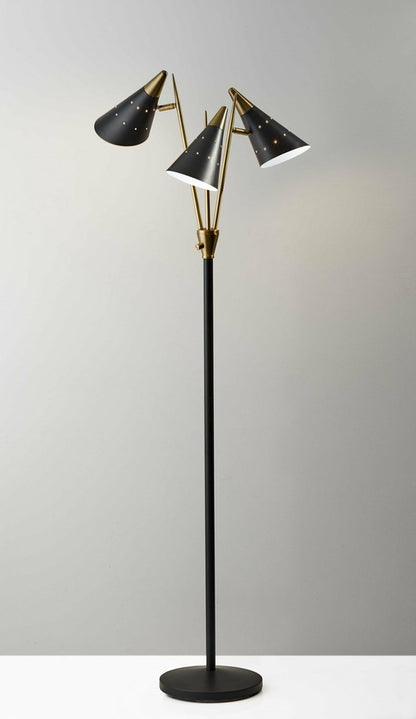 Black Metal Floor Lamp with Three Adjustable Antique Brass Accented