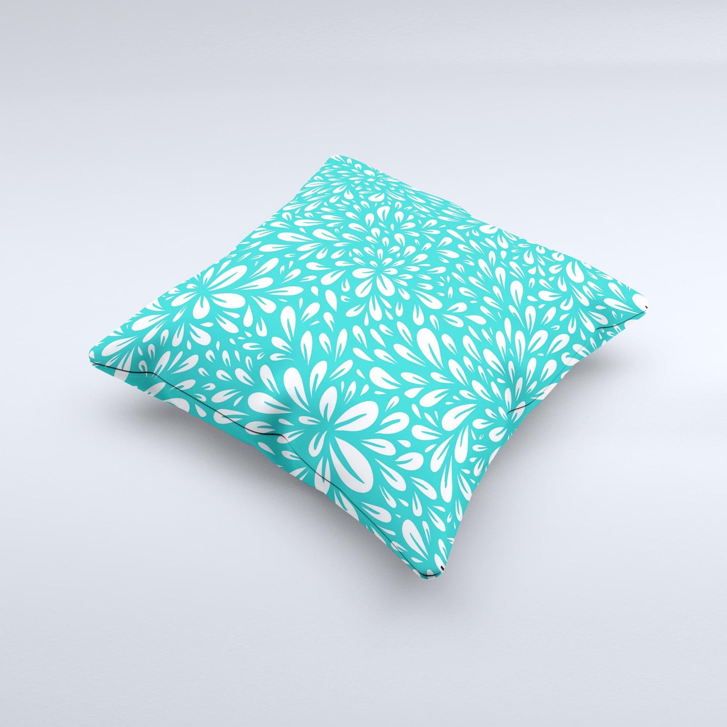 Teal and White Floral Sprout Ink-Fuzed Decorative Throw Pillow